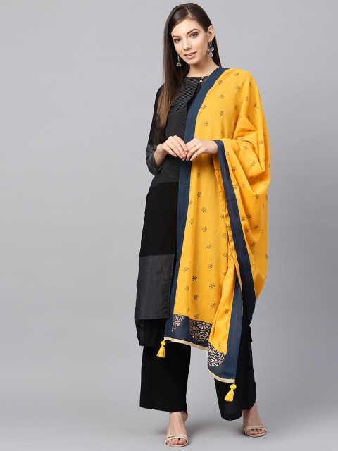 

Rain & Rainbow Mustard Yellow & Navy Blue Handblock Print Pure Cotton Dupatta