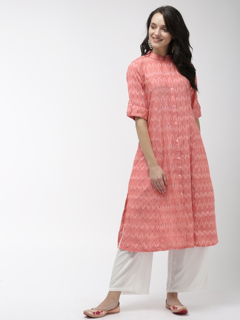 

FLAVIDO Women Coral Pink & White Ikat Printed A-Line Kurta