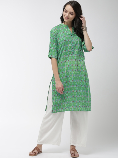 

FLAVIDO Women Green Ikat Printed Straight Kurta
