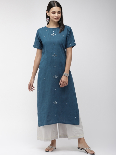 

FLAVIDO Women Teal Blue Mirror Work Hand Embroidered Straight Kurta