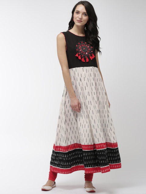 

FLAVIDO Women Off-White & Black Ikat Printed Handloom Panelled A-Line Kurta