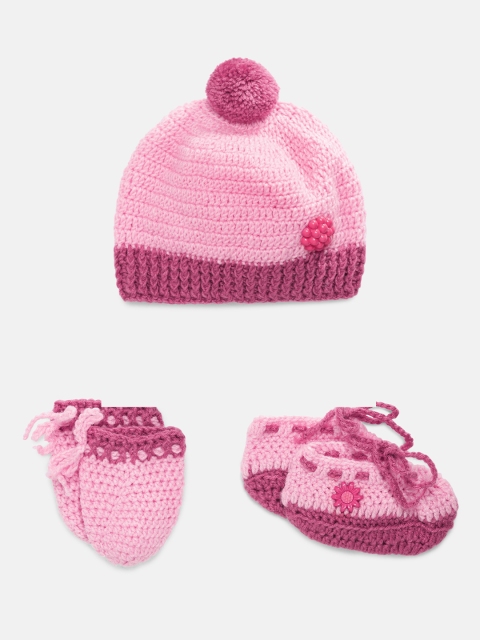

Magic Needles Infants Set Of 3 Handmade Knit Crochet Woollen Beanie & Booties with Mittens, Pink