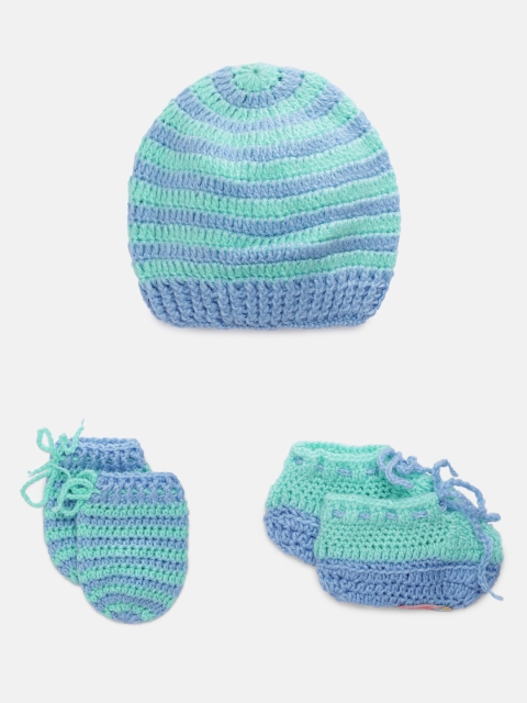 

Magic Needles Infants Set Of 3 Handmade Knit Crochet Woollen Beanie & Booties with Mittens, Blue