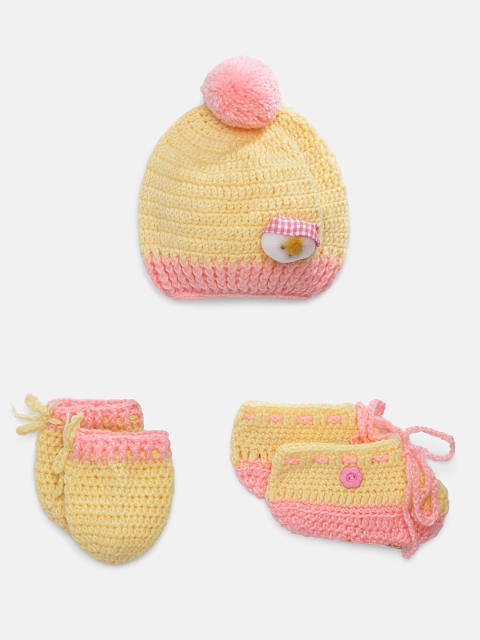 

Magic Needles Infants Yellow & Pink Colourblocked Knitted Winter Beanie & Booties Set