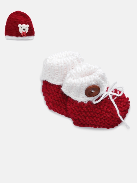 

Magic Needles Infants Red Solid Handmade Knitted Winter Cap & Booties Set