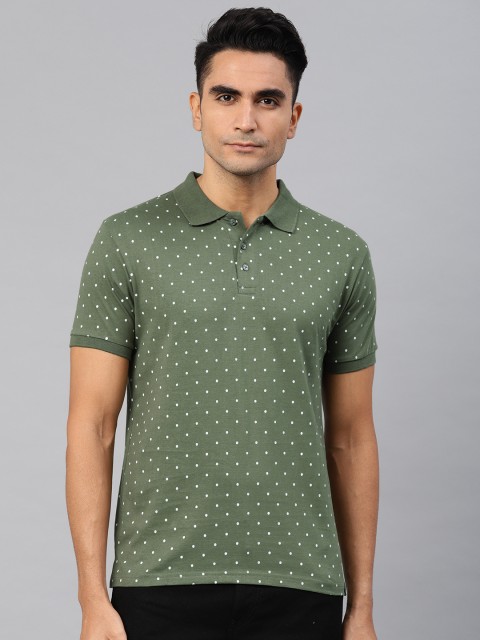 

Genius18 Men Olive Green Printed Polo Collar Pure Cotton T-shirt