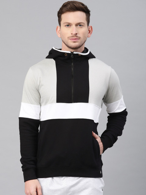 

Genius18 Men Black & Grey Melange Colourblocked Hooded Sweatshirt