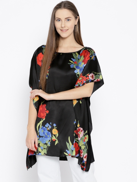 

Qurvii Plus Size Women Black Blue Printed Satin Finish Kaftan Top