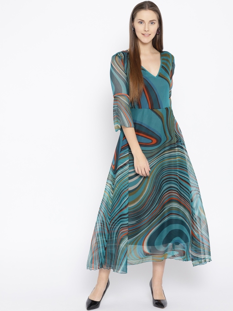 

Qurvii Plus Size Women Blue Orange Printed Maxi Dress