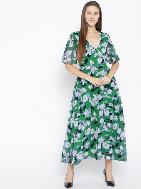 

Qurvii Plus Size Women Green White Floral Printed Maxi Dress