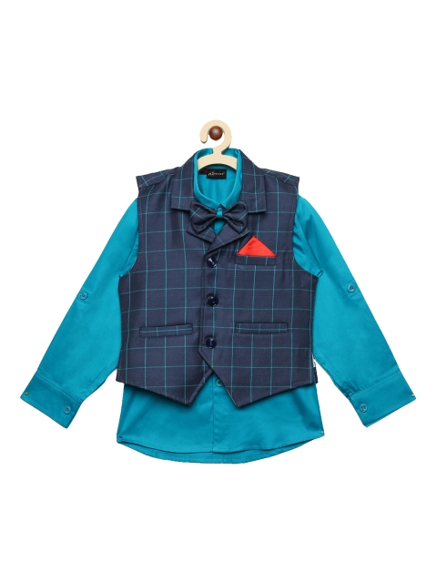 

Aj DEZInES Boys White Regular Fit Solid Party Shirt with Waistcoat & Bow Tie, Blue