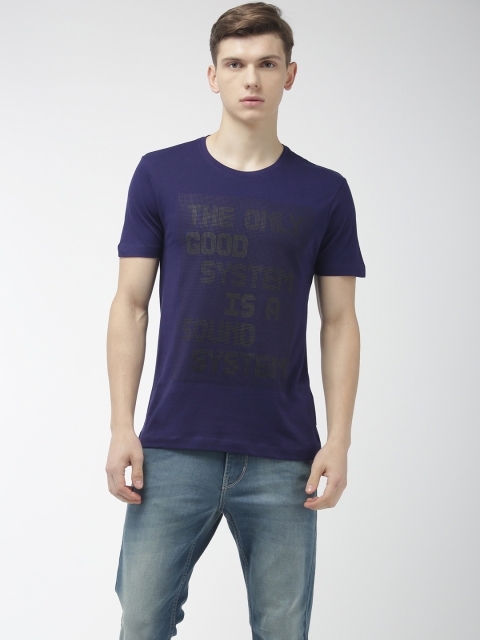 Men Navy Blue Printed Round Neck Pure Cotton T-shirt