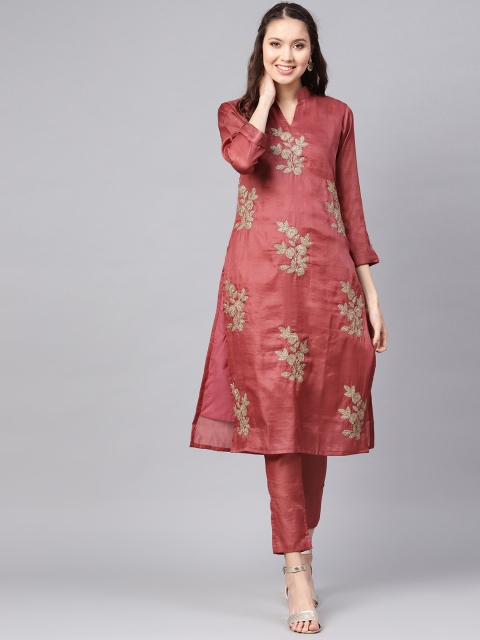 

Inddus Women Rust Red & Golden Embroidered Kurta with Trousers