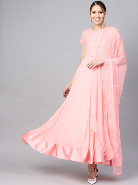 

Inddus Women Pink Chikankari Embroidered Anarkali Kurta With Dupatta
