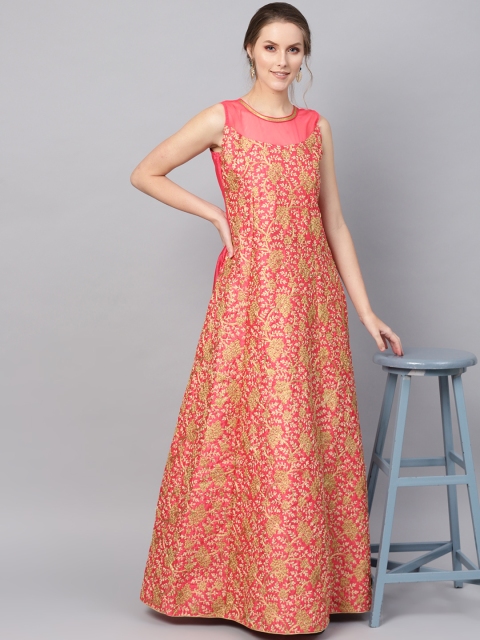 

Inddus Women Pink & Golden Embroidered Maxi Dress