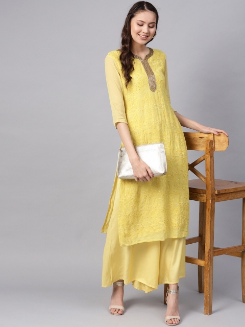 

Inddus Women Yellow Chikankari Embroidered Kurta with Palazzos