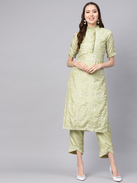 

Inddus Women Green Embroidered Kurta with Trousers