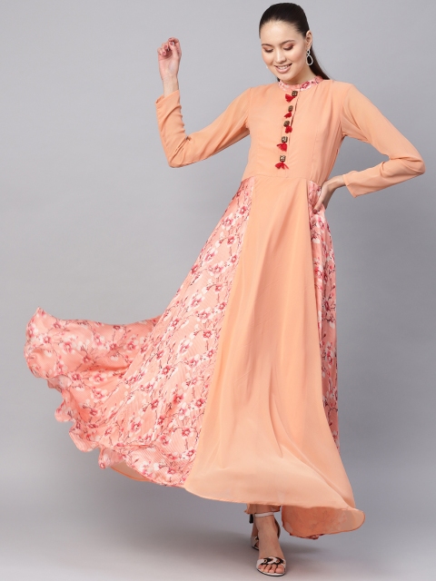 

Inddus Women Peach-Coloured & Pink Floral Print Maxi Dress