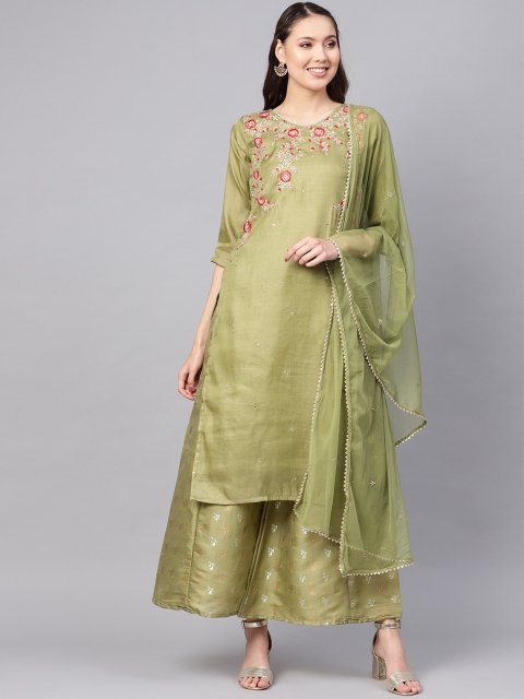 

Inddus Women Green Embroidered Kurta with Palazzos & Dupatta