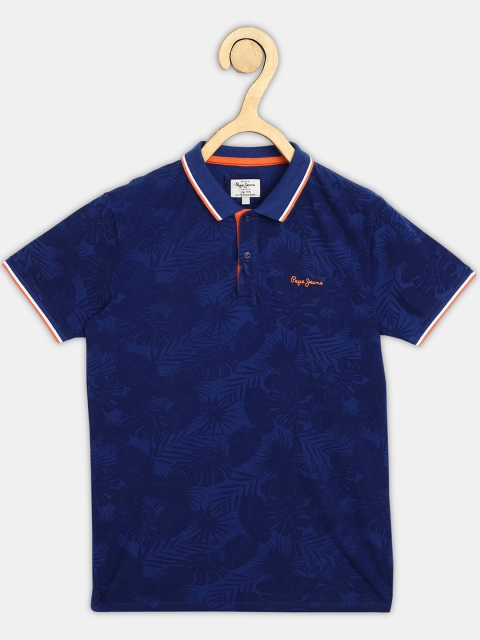 

Pepe Jeans Boys Navy Blue Tropical Printed Polo Collar Tropical Pure Cotton T-shirt