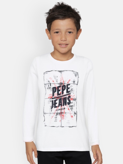 

Pepe Jeans Boys Off-White Black Printed Round Neck Pure Cotton T-shirt