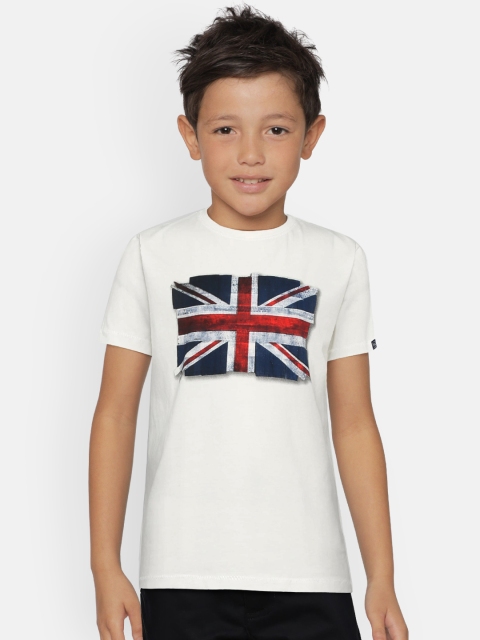 

Pepe Jeans Boys Off-White Blue Printed Round Neck Pure Cotton T-shirt