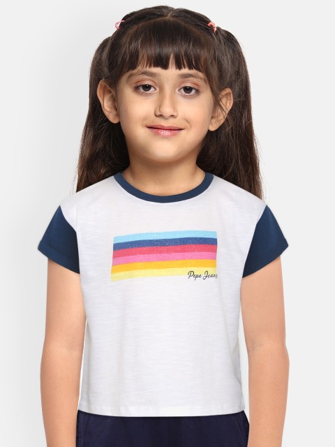 

Pepe Jeans Girls White Pink Solid Round Neck Pure Cotton T-shirt with Striped Detail