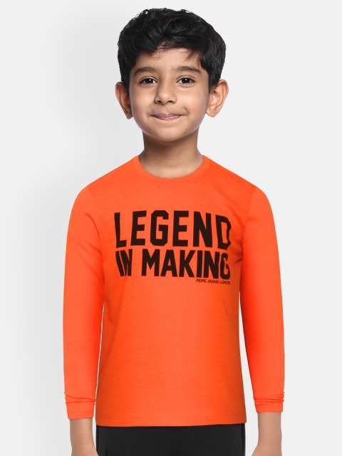 

Pepe Jeans Boys Orange & Black Typography Printed Cotton T-shirt