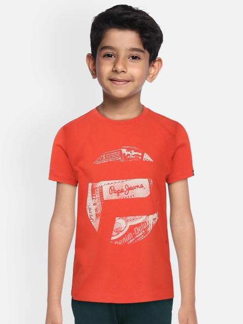 

Pepe Jeans Boys Orange White Brand Logo Print Pure Cotton T-shirt