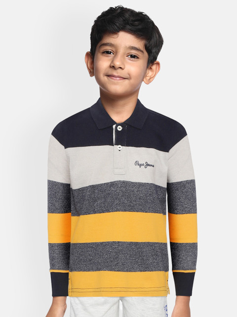

Pepe Jeans Boys Mustard Yellow & Grey Striped Polo Collar T-shirt