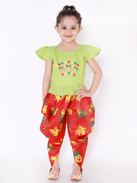 

KID1 Girls Green & Red Embroidered Top with Dhoti Pants