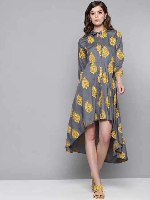 

STREET 9 Women Grey & Mustard Yellow High-Low Shirt Dress