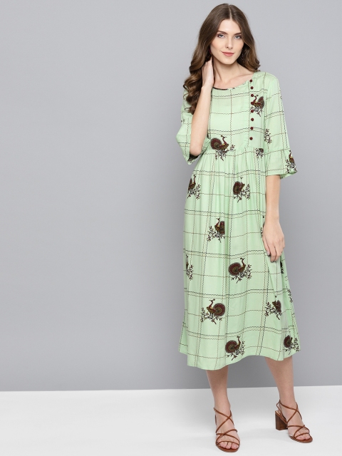 

STREET 9 Women Green & Maroon Printed A-Line Dress