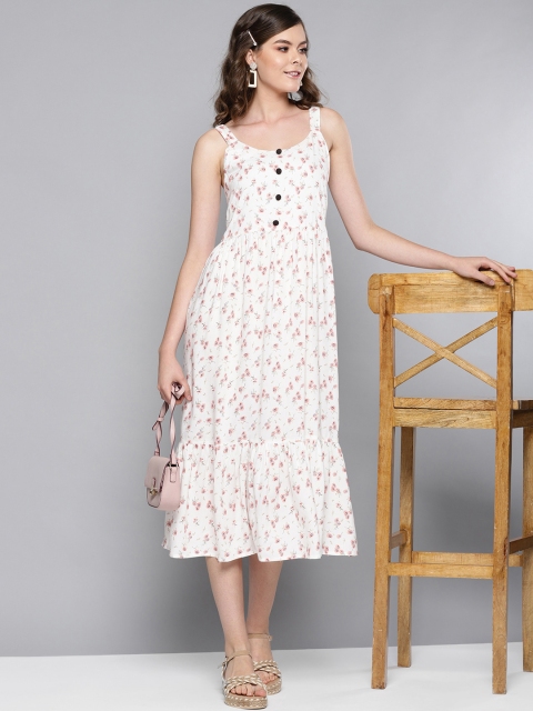 

STREET 9 Women White & Peach-Coloured Floral Printed A-Line Dress