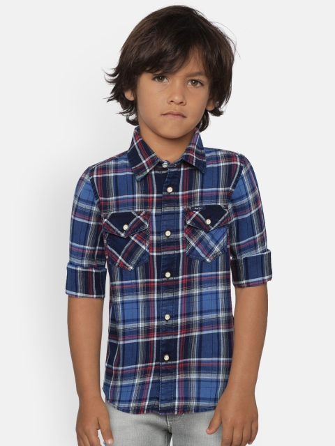 

Pepe Jeans Boys Navy Blue & White Regular Fit Checked SUPER JR LS IP Casual Shirt