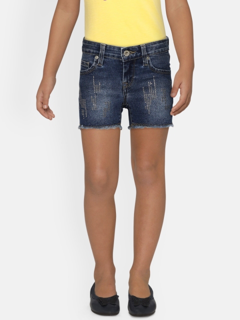 

Pepe Jeans Girls Navy Blue Washed Skinny Fit Embellished Mid-Rise Denim Shorts
