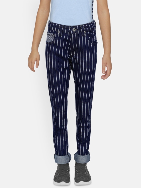 

Pepe Jeans Boys Navy Blue & White Rivet Straight Fit Striped Mid-Rise Jeans
