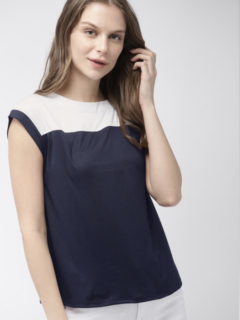 

Harvard Women Navy Blue & White Colourblocked Regular Top