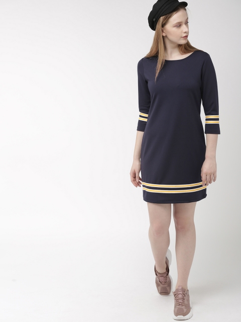 

Harvard Women Navy Blue & Yellow Solid Knitted Sheath Dress