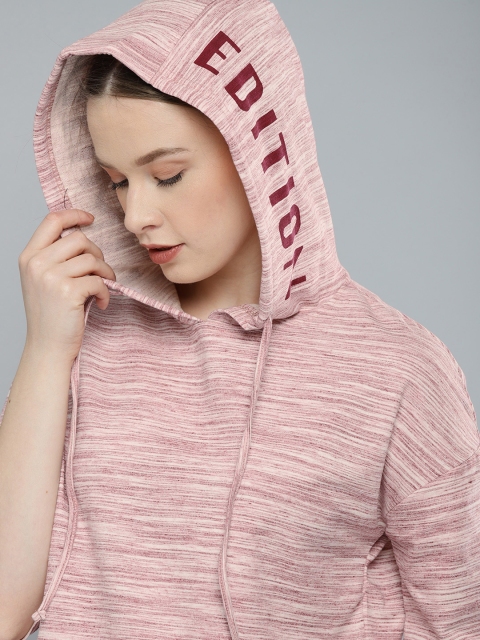 

Harvard Women Off-White & Pink Self Striped Hooded Sweatshirt