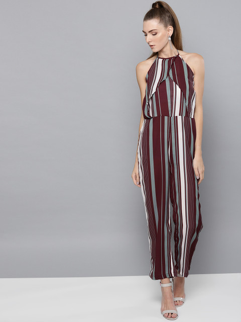 

Trend Arrest Women Burgundy & White Striped Basic Layered Jumpsuit