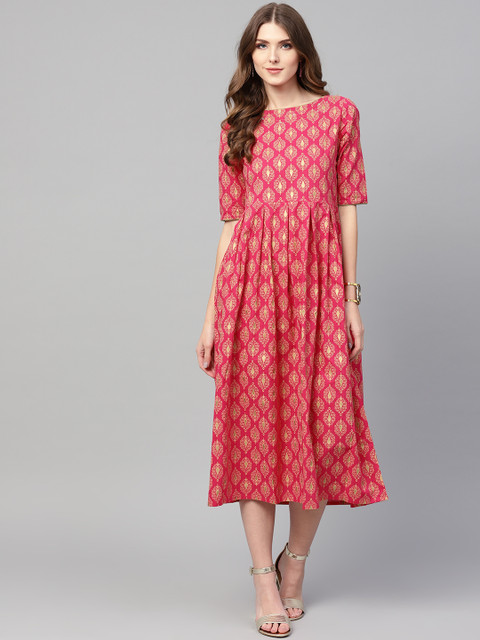 

Indo Era Women Fuchsia & Golden Printed A-Line Dress
