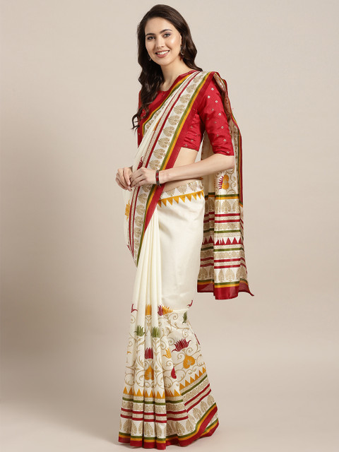 

Saree mall Off-White & Mustard Yellow Printed Kasavu Saree