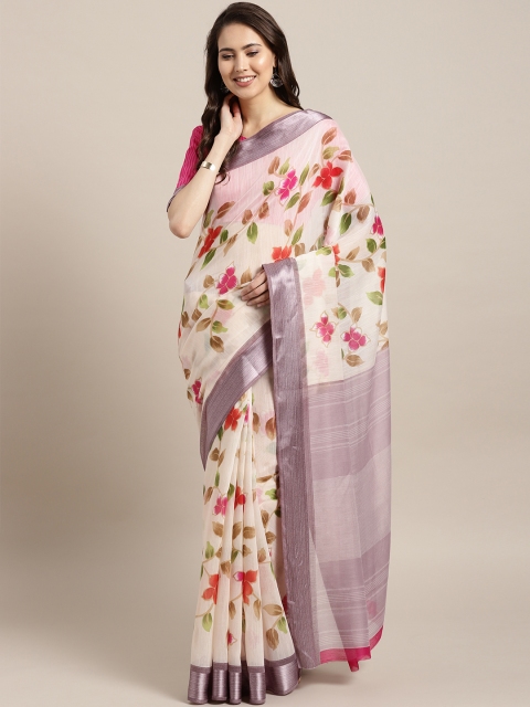 

Saree mall Cream-Coloured & Pink Printed Saree