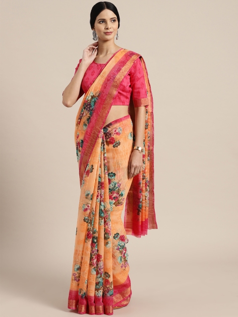 

Saree mall Peach-Coloured & Green Printed Saree