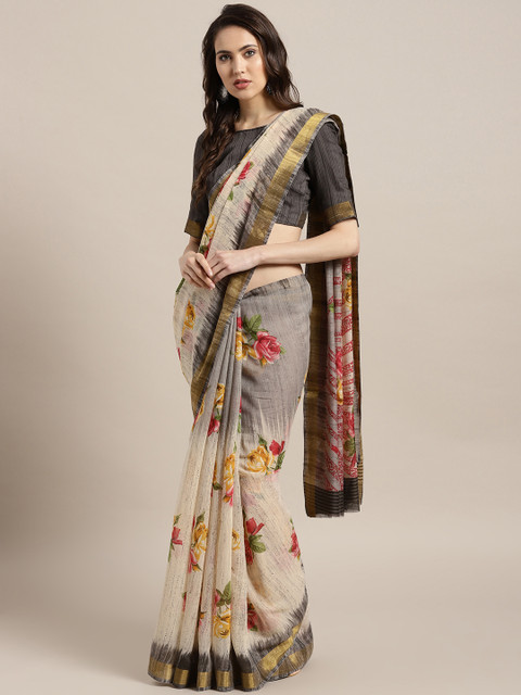 

Saree mall Cream-Coloured & Grey Floral Print Saree