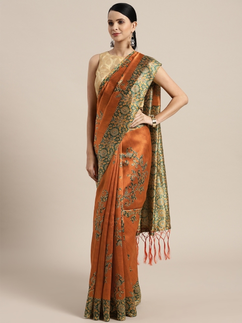 

Saree mall Mustard Brown & Green Printed Bhagalpuri Saree