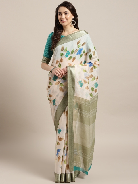 

Saree mall Cream-Coloured & Green Printed Saree