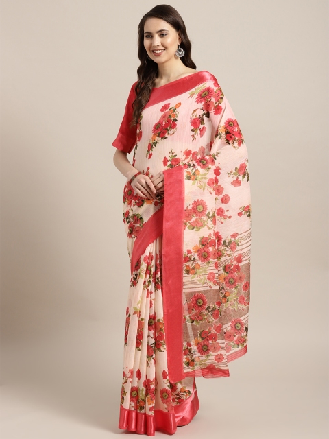 

Saree mall Cream-Coloured & Coral Pink Floral Print Saree
