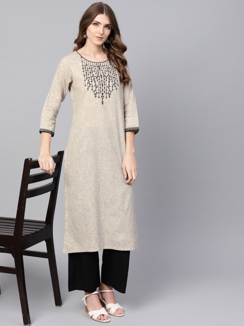 

Indo Era Women Beige & Black Floral Yoke Design Straight Kurta